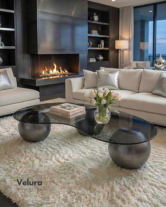 Küre Orta Sehpa - Silver - Fasulye - Füme Cam