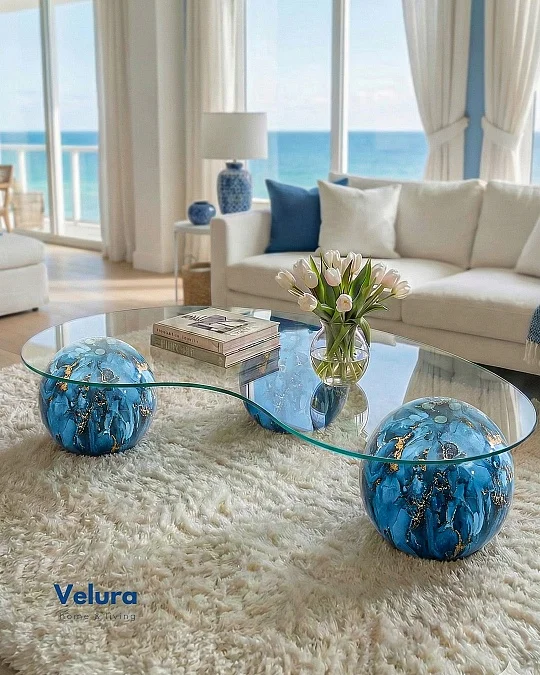 Küre Orta Sehpa - Sky - Fasulye -  Şeffaf Cam