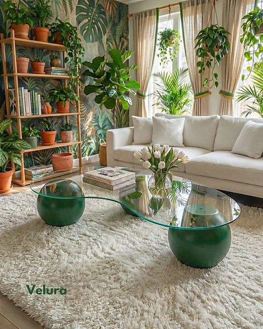 Küre Orta Sehpa - Yeşil - Fasulye - Şeffaf Cam