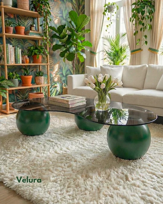 Küre Orta Sehpa - Yeşil- Fasulye - Füme Cam