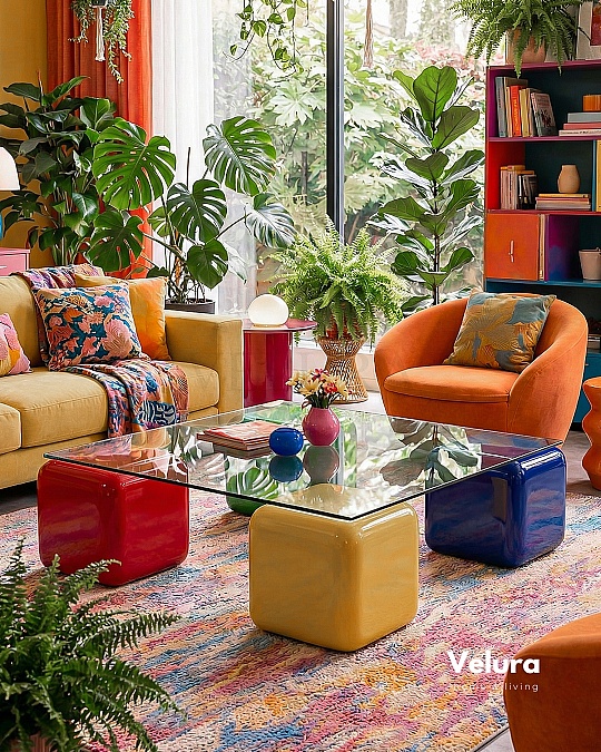 Küre Orta Sehpa - 4 Zar (Renkli) - Kare - Şeffaf Cam