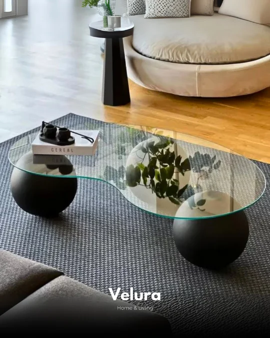 Küre Orta Sehpa - Siyah Top - Fasulye - Şeffaf Cam 