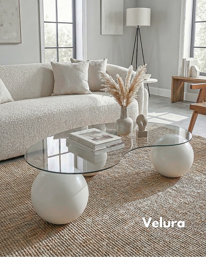 Küre Orta Sehpa Beyaz Top Şeffaf Fasulye Cam