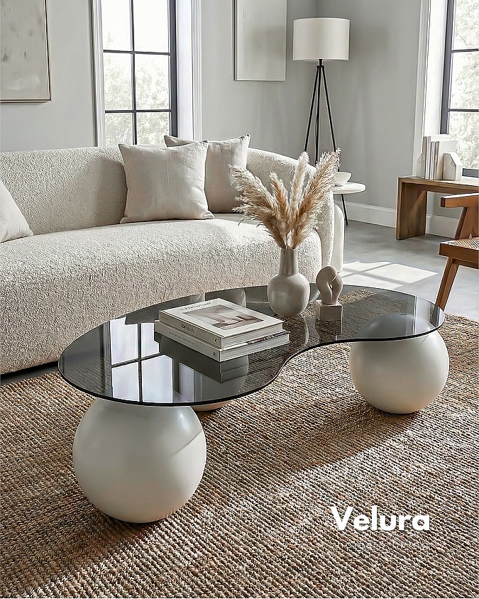 Küre Orta Sehpa Beyaz Top Şeffaf Fasulye Cam