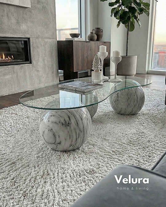 Küre Orta Sehpa - Beyaz Traverten Mermer - Fasulye - Füme Cam Küre Orta Sehpa - Beyaz Traverten Mermer - Fasulye - Füme Cam