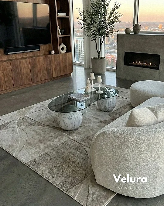 Küre Orta Sehpa - Beyaz Traverten Mermer - Fasulye - Füme Cam