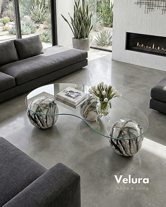 Küre Orta Sehpa - Diana Mermer Top - Fasulye - Şeffaf Cam