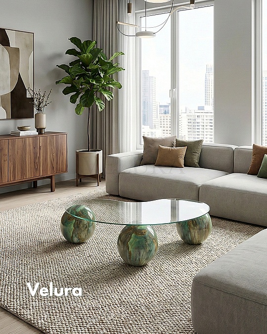 Küre Orta Sehpa - Jungle - Fasulye - Şeffaf Cam