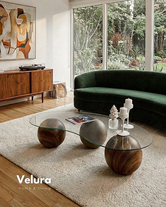 Küre Orta Sehpa - Amerikan Ceviz Top - Fasulye - Şeffaf Cam