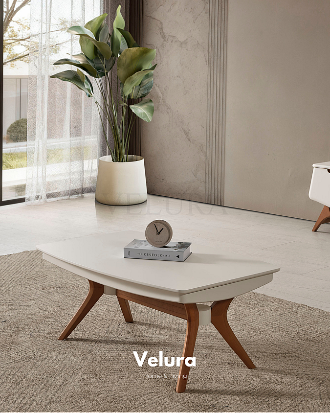 Beykoz Orta Sehpa krem renkli ceviz ayaklı modern sehpa modeli