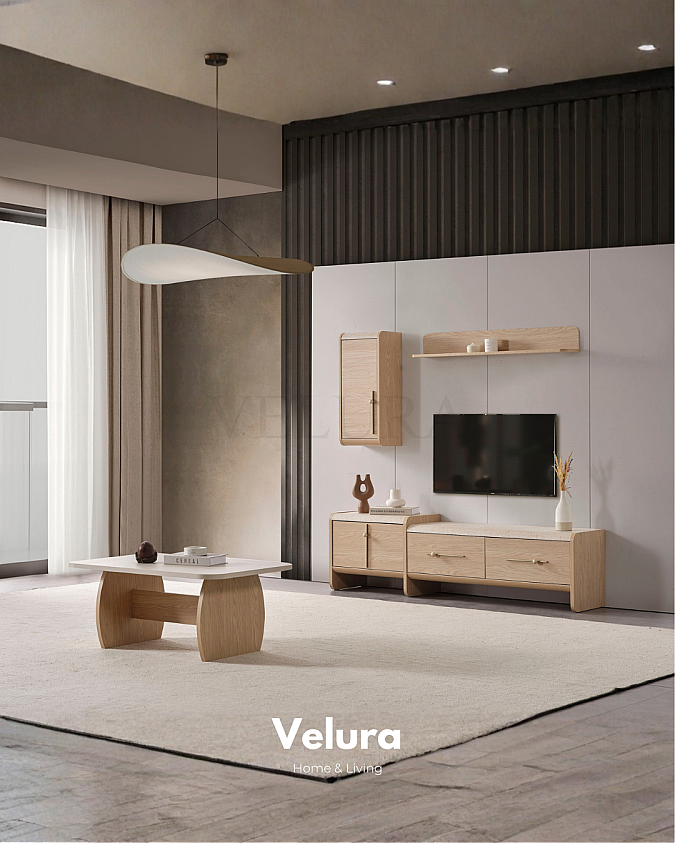 Defne Orta Sehpa Naturel Meşe traverten desenli modern sehpa