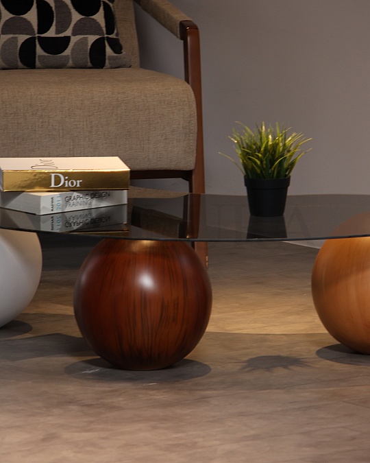 Küre Orta Sehpa - 1 Beyaz Top & 1 Ceviz Top & 1 Meşe Top - Fasulye - Füme Cam