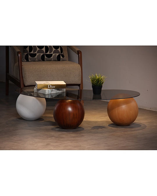 Küre Orta Sehpa - 1 Beyaz Top & 1 Ceviz Top & 1 Meşe Top - Fasulye - Füme Cam