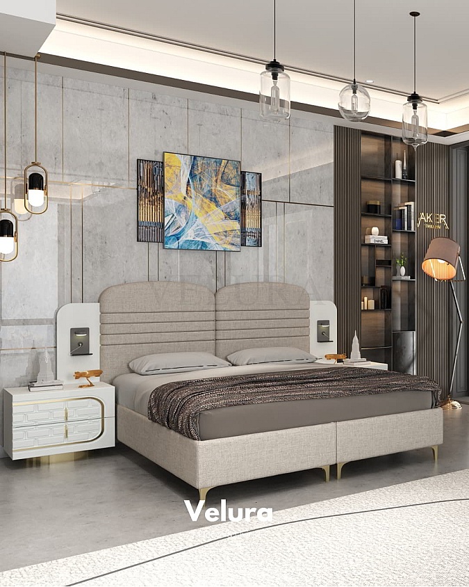 Velura Home Saray karyola modern çizgili krem karyola modeli