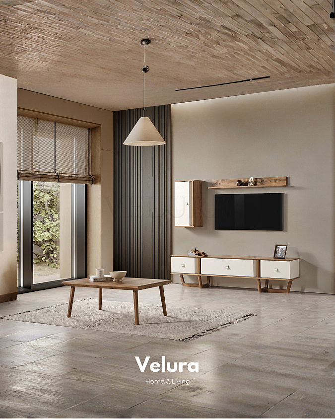 Kolezyum Orta Sehpa Krem ve Naturel ahşap ayaklı modern sehpa