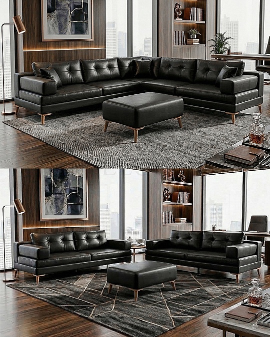 Zeri Siyah (Suni Deri) Puzzle Modüler Köşe Koltuk Takımı