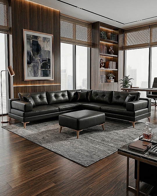 Zeri Siyah (Suni Deri) Puzzle Modüler Köşe Koltuk Takımı