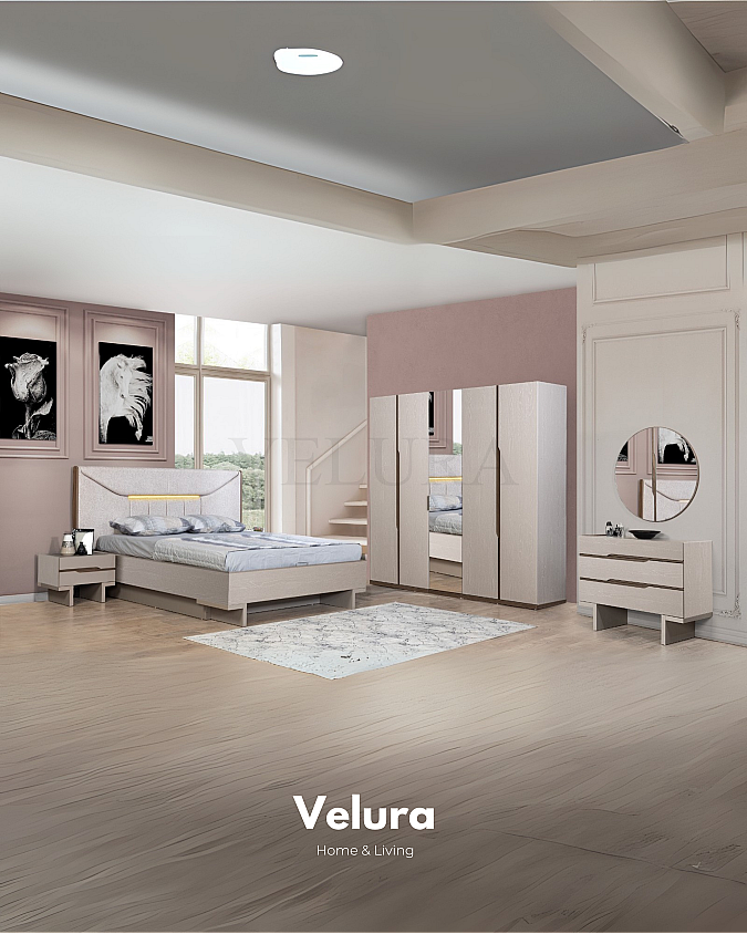 Velura Home Mira karyola krem modern başlıklı karyola