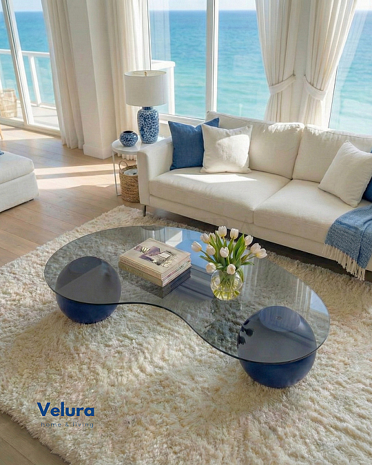 Küre Orta Sehpa - Mavi - Fasulye - Füme Cam