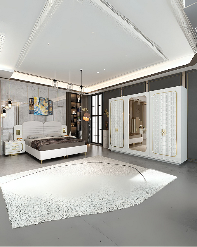 Velura Home Saray karyola modern çizgili krem karyola modeli