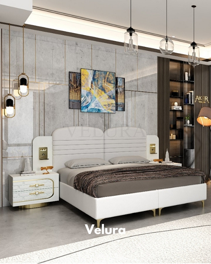 Velura Home Saray karyola modern çizgili krem karyola modeli