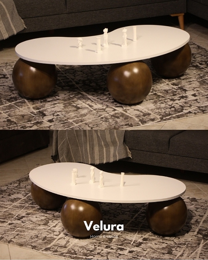 Fasülye form beyaz üst tablalı ceviz ayaklı sehpa