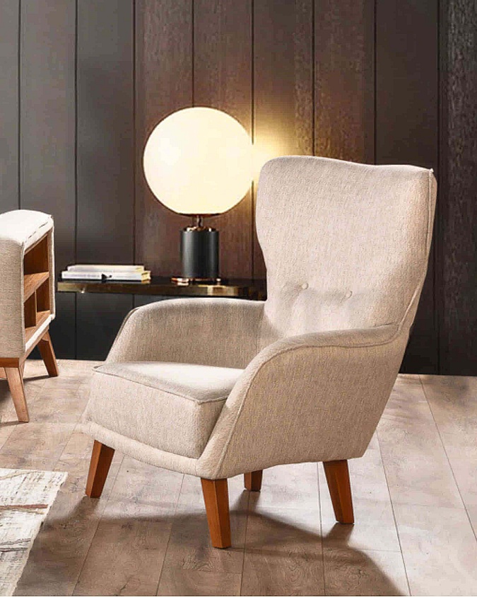 Vanessa Berjer Krem nubuk kumaş modern ahşap ayaklı