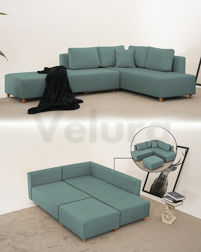 Zed Puflu Kadife Köşe Koltuk Takımı - Turkuaz Zed Puflu Kadife Köşe Koltuk Takımı - Turkuaz