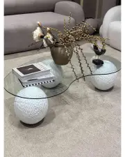 Desenli Beyaz Doğal Küre & Top Cam Orta Sehpa
