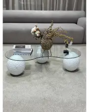 Desenli Beyaz Doğal Küre & Top Cam Orta Sehpa