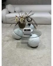 Desenli Beyaz Doğal Küre & Top Cam Orta Sehpa