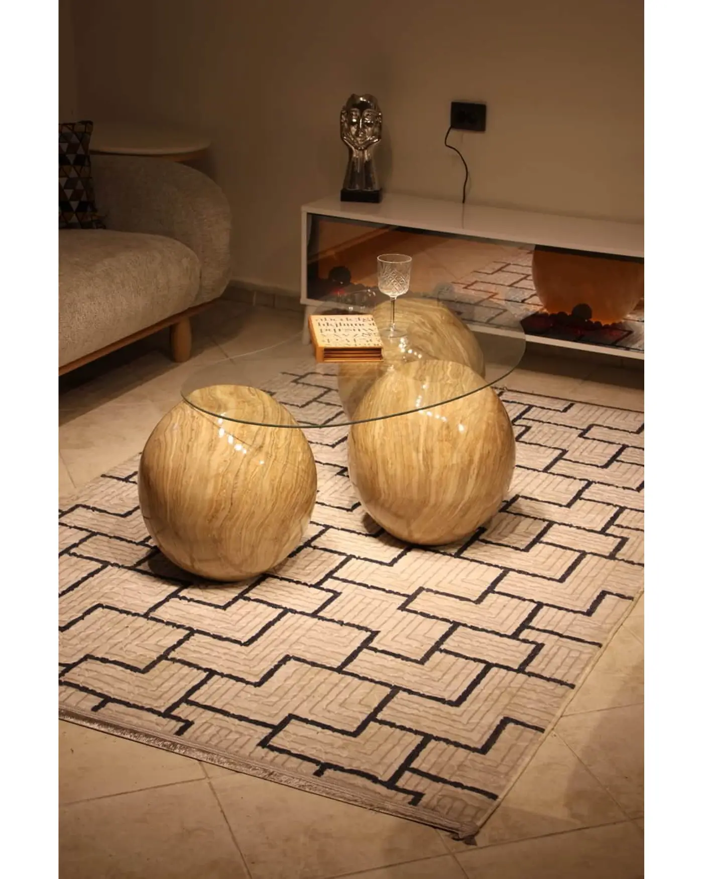 41 cm Traverten Sehpa Şeffaf Cam - Velura Home
