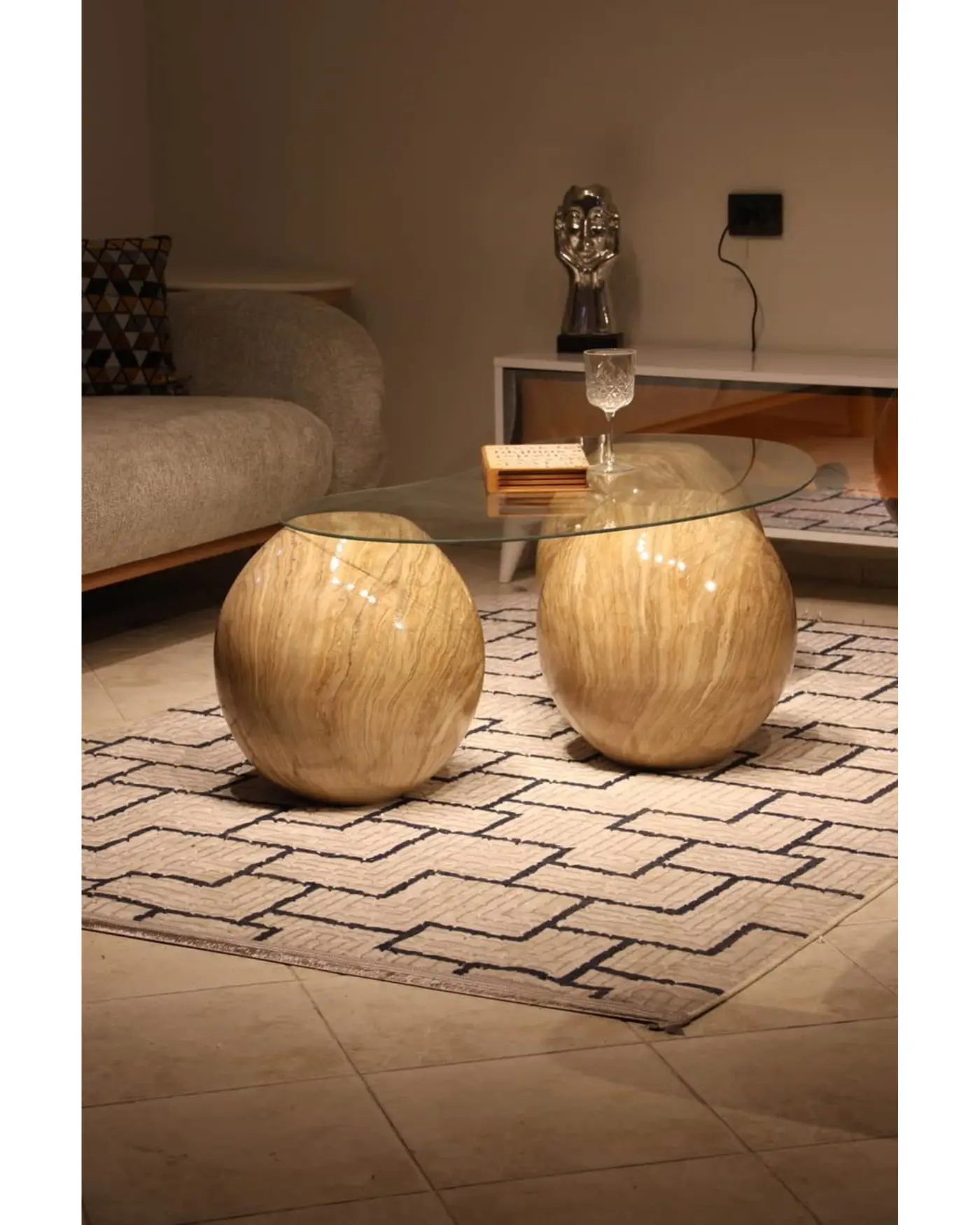 41 cm Traverten Sehpa Şeffaf Cam - Velura Home