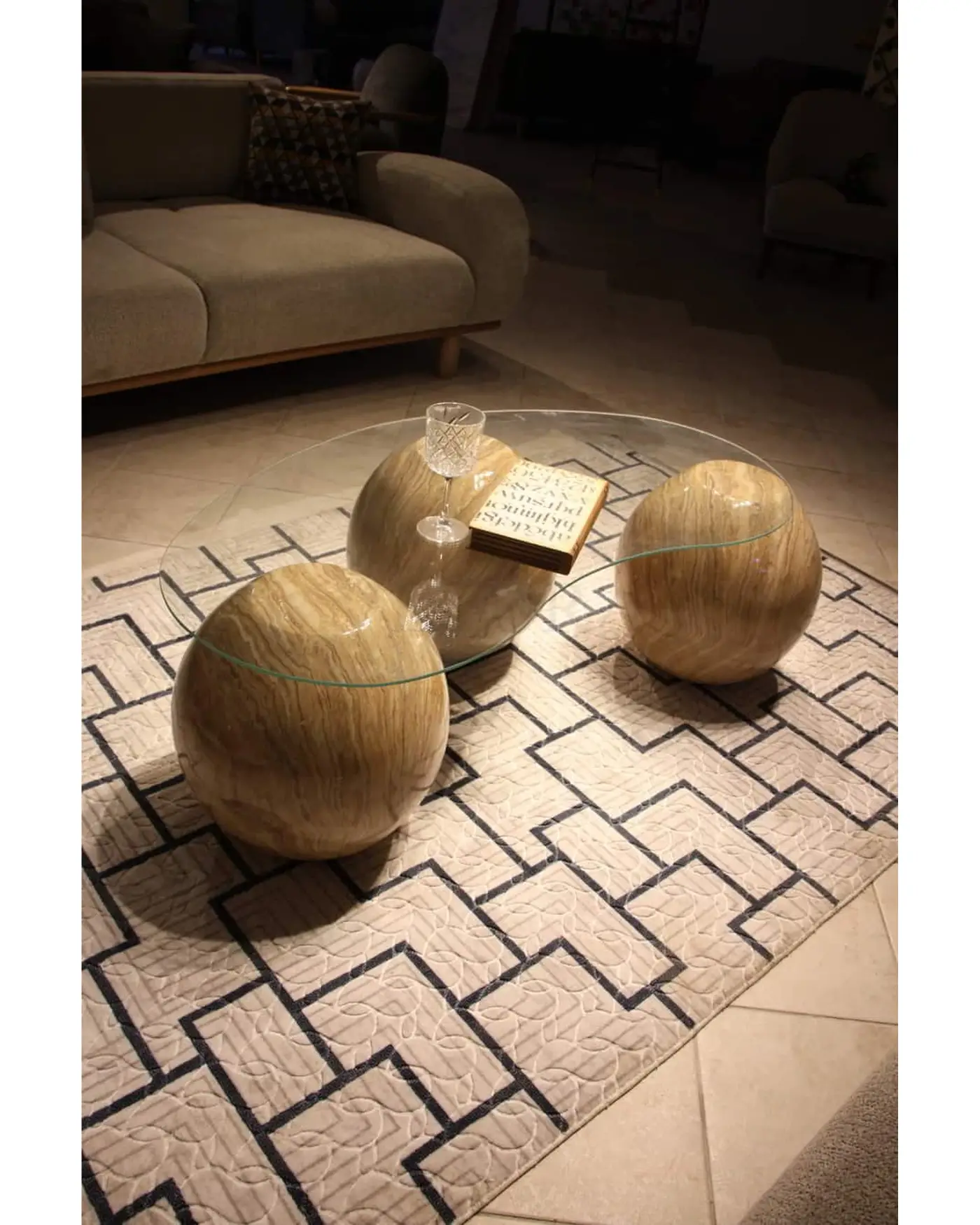 41 cm Traverten Sehpa Şeffaf Cam - Velura Home