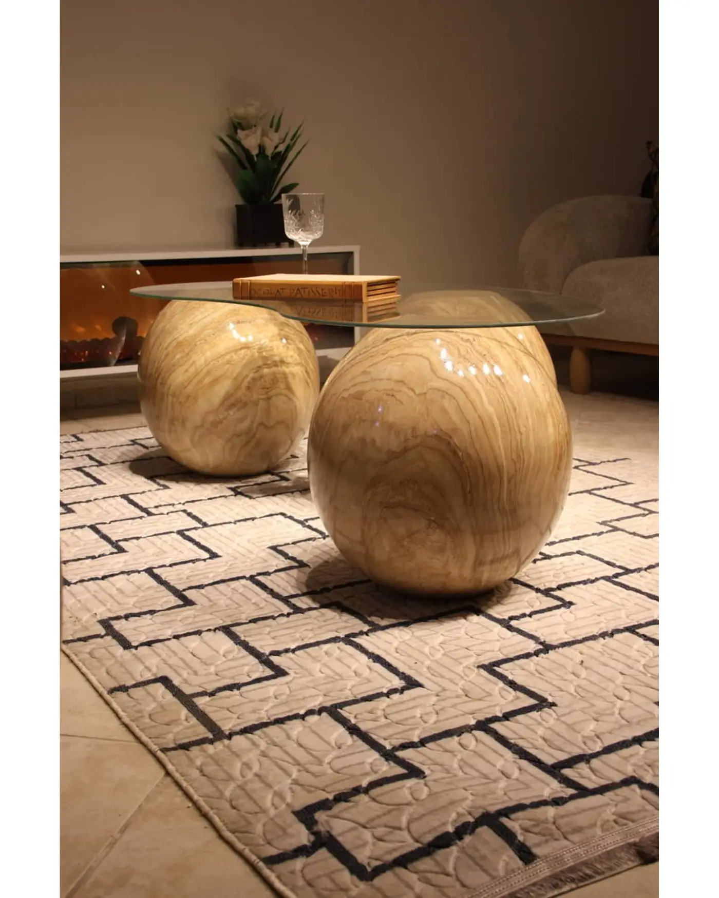 41 cm Traverten Sehpa Şeffaf Cam - Velura Home