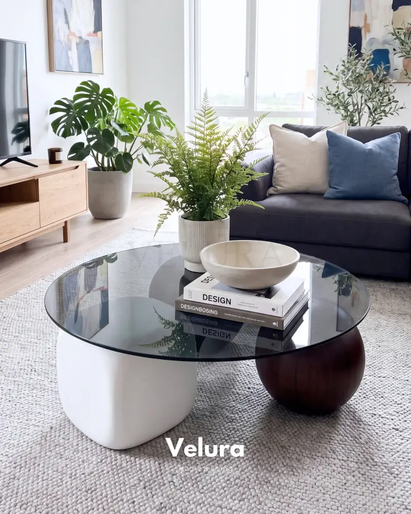 Küre Orta Sehpa - 1 Siyah Top & 1Ceviz Top & 1 Beyaz Zar - Yuvarlak - Füme Cam