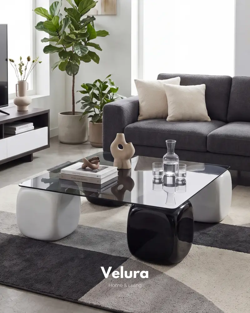 Küre Orta Sehpa & 2 Siyah Zar - 2 Beyaz Zar - Füme Kare Cam