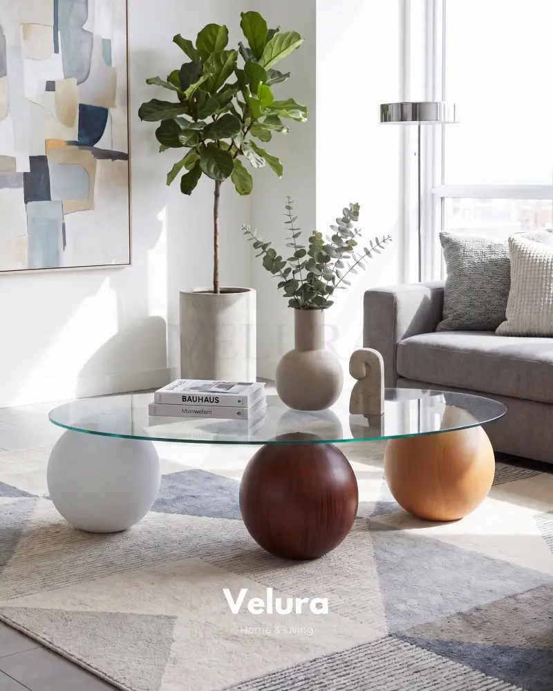 Küre Orta Sehpa - 1 Beyaz Top & 1 Ceviz Top & 1 Meşe Top - Fasulye - Şeffaf Cam