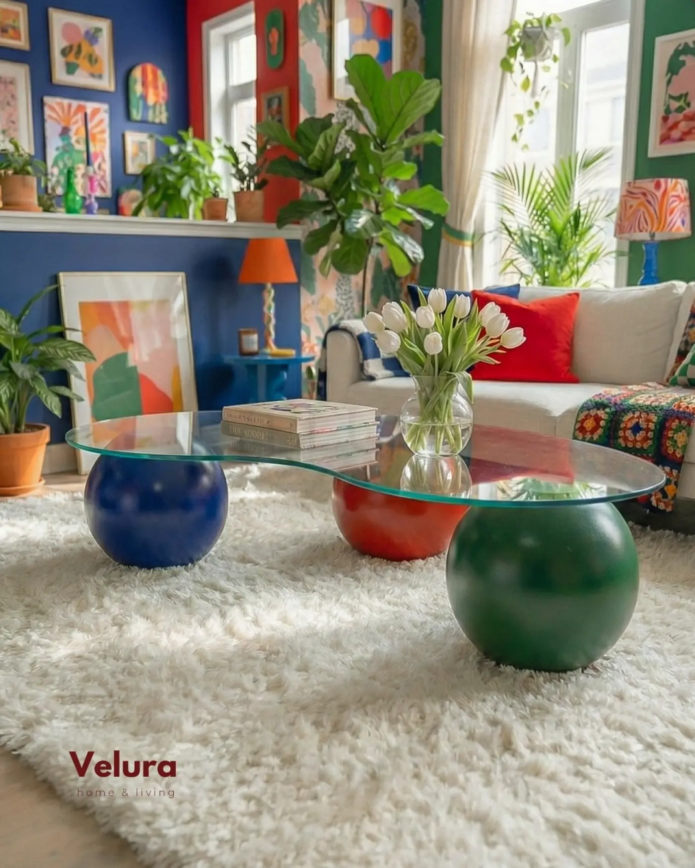 Küre Orta Sehpa - Dopamin Şeffaf Camlı | Velura Home Küre Orta Sehpa yeşil kırmızı mavi top gövde ve şeffaf cam detaylı modern orta sehpa dopamin