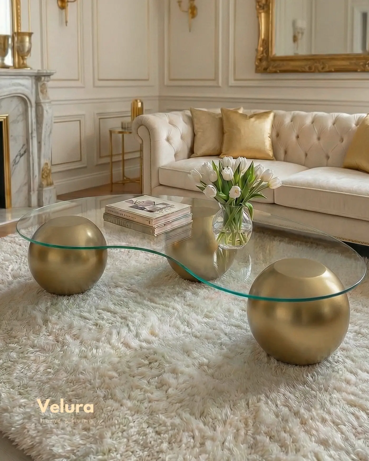 Küre Orta Sehpa gold top gövde ve şeffaf cam detaylı modern orta sehpa