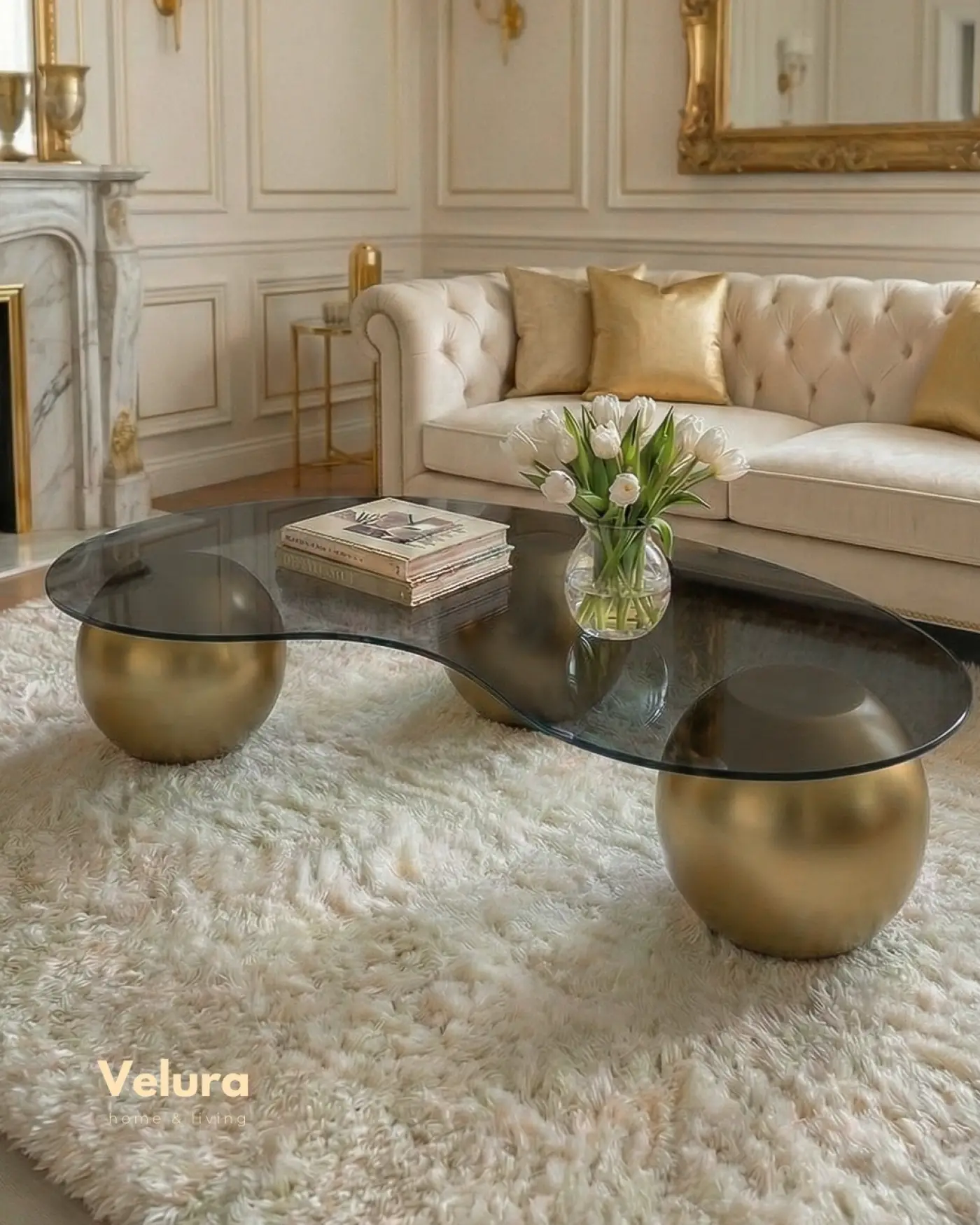 Küre Orta Sehpa gold top gövde ve füme cam detaylı modern orta sehpa