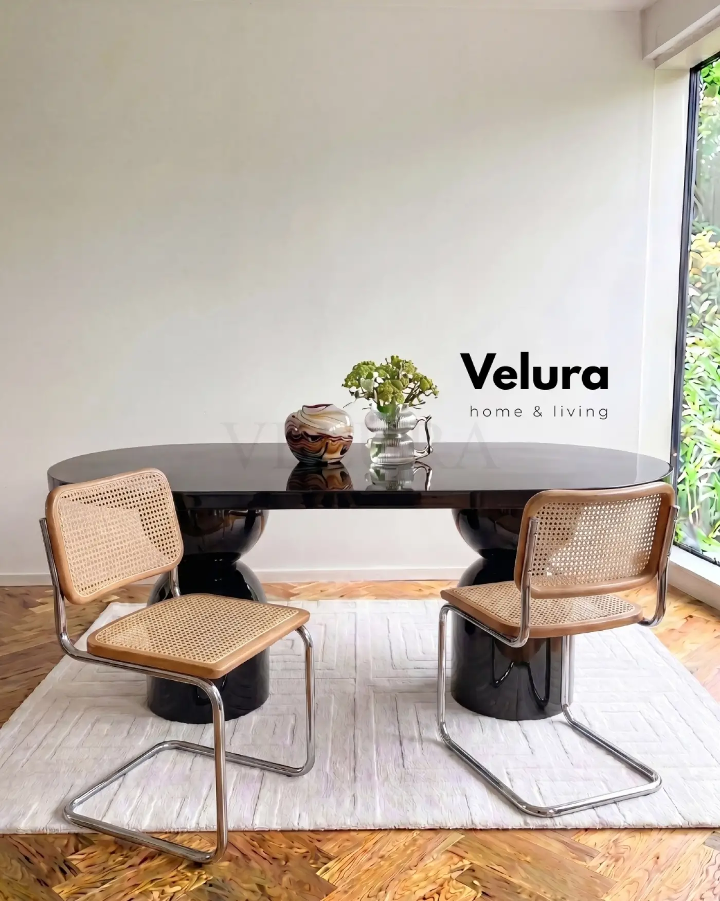 Fiberglas ayaklı siyah Lura masa modern yemek alanı tasarımı