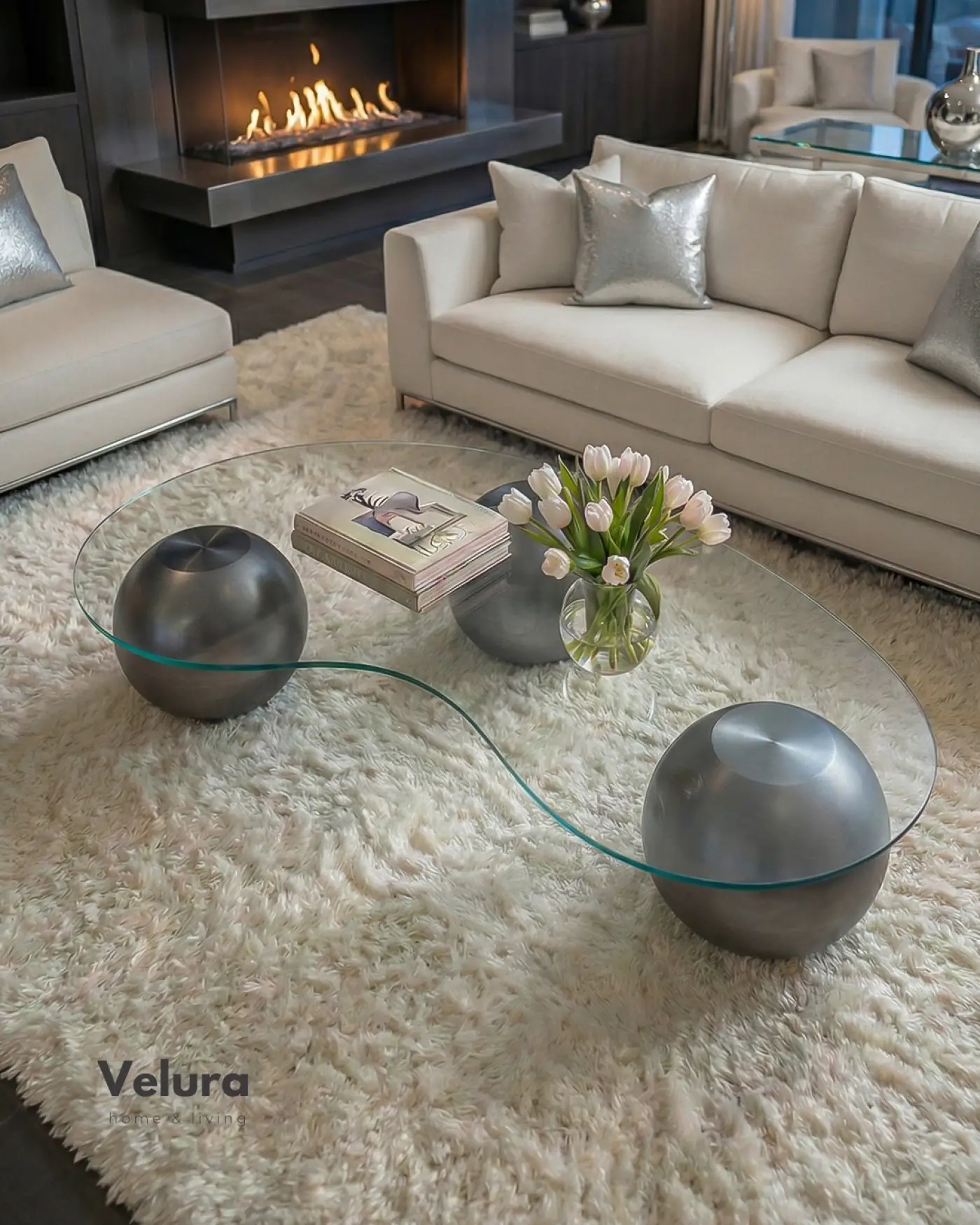 Füme fasulye camlı silver top gövdeli lüks orta sehpa modeli