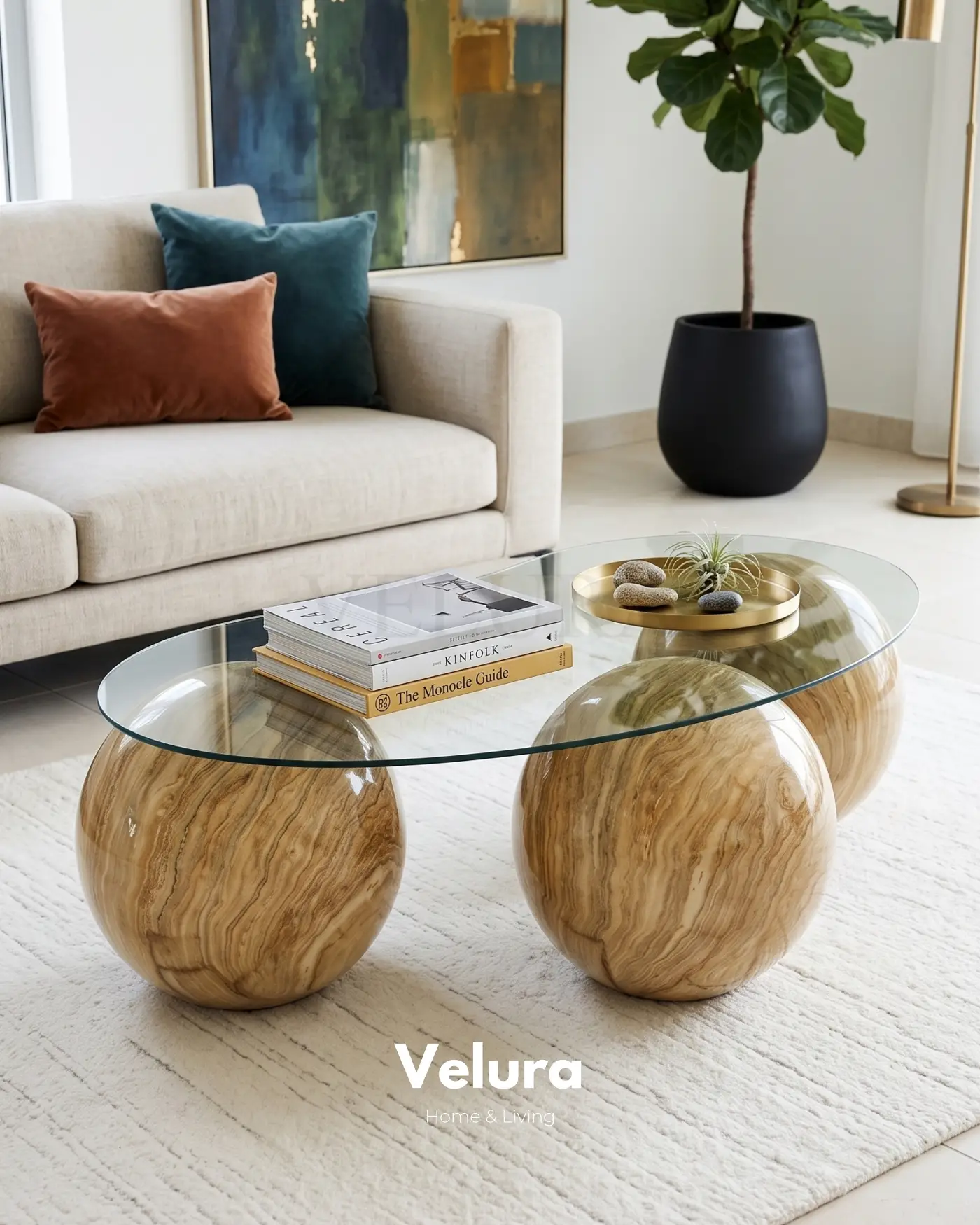 41 cm Traverten Sehpa Şeffaf Cam - Velura Home