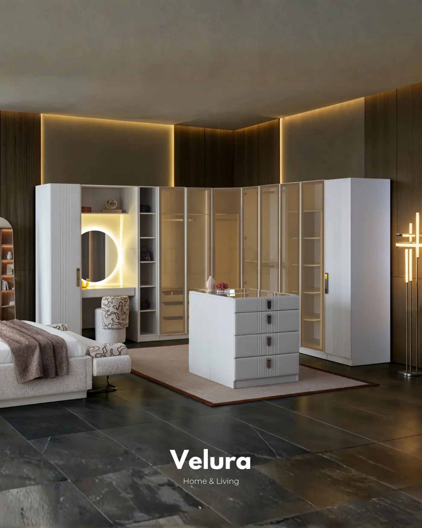 Felix kırık beyaz giyinme odası dolabı köşe gardırop modeli
