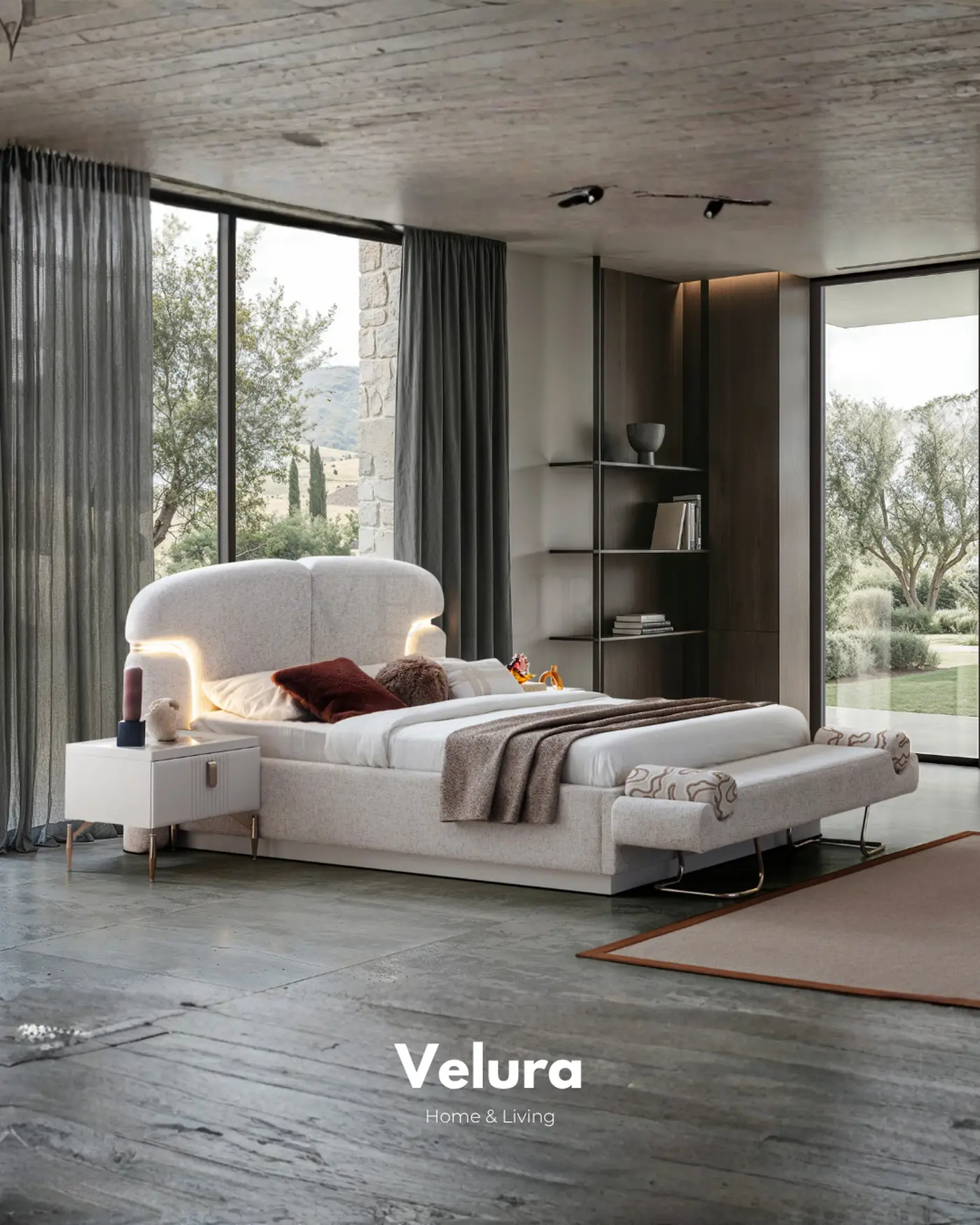 Felix kırık beyaz bazalı karyola LED başlıklı yatak odası modeli