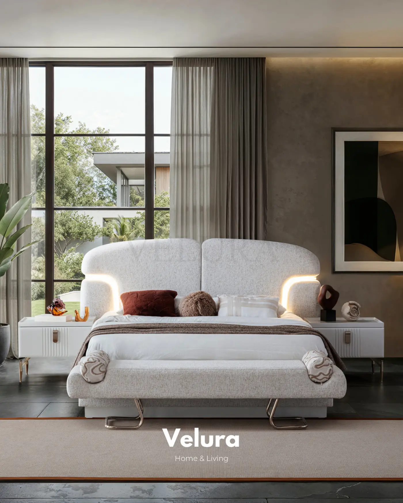 Felix kırık beyaz bazalı karyola LED başlıklı yatak odası modeli
