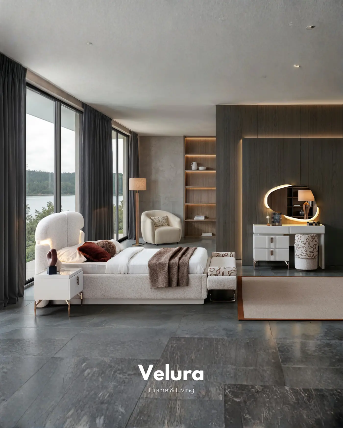 Felix kırık beyaz bazalı karyola LED başlıklı yatak odası modeli