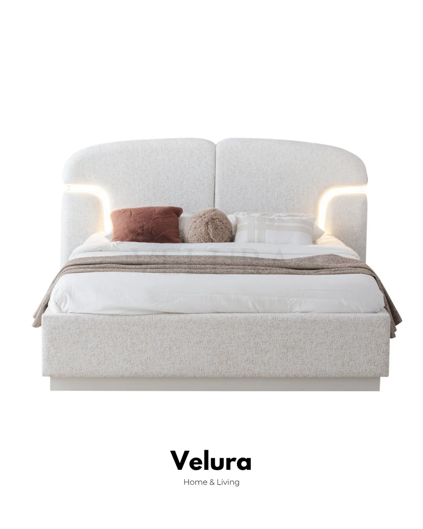 Felix kırık beyaz bazalı karyola LED başlıklı yatak odası modeli