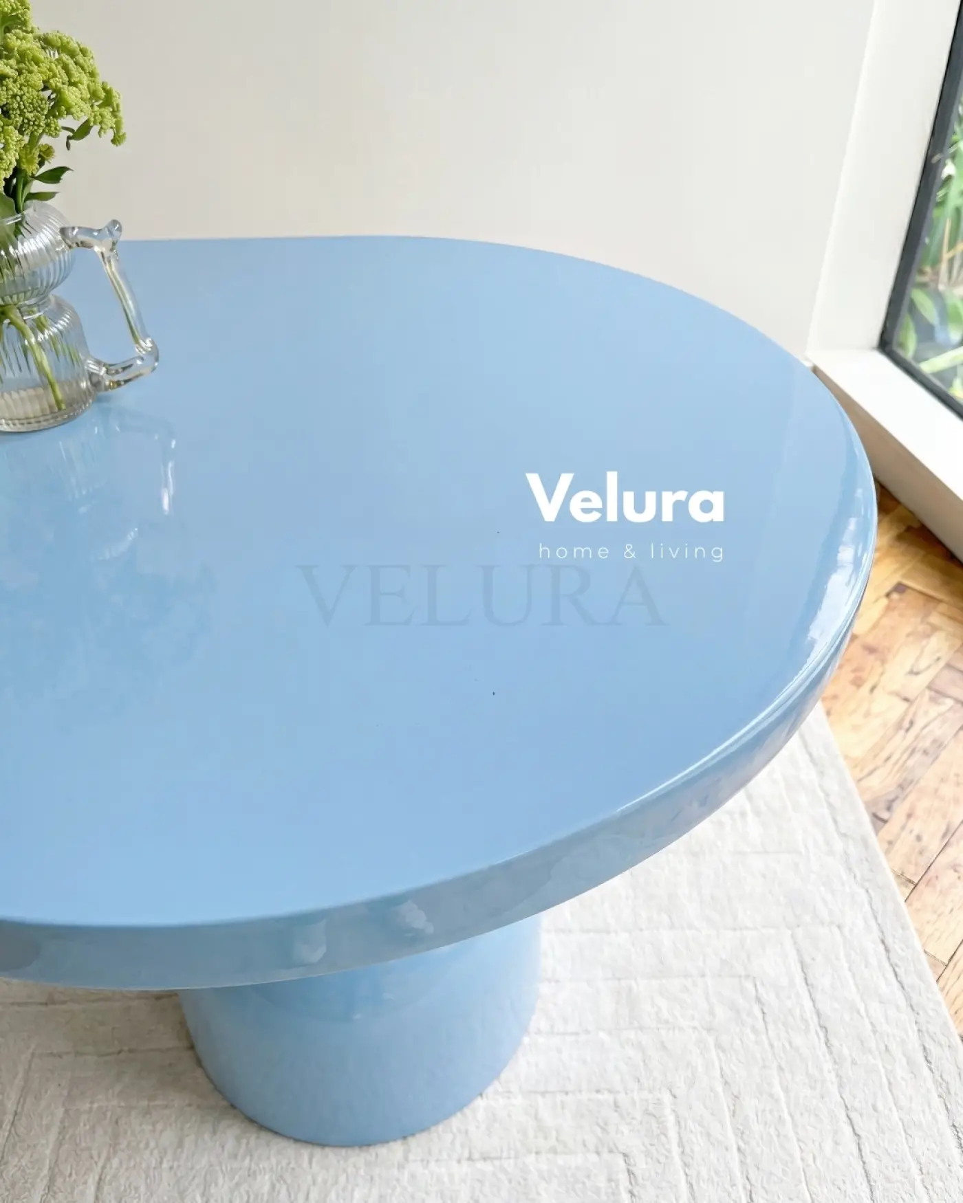 Lura mavi yemek masası oval tabla ve dekoratif ayak formu